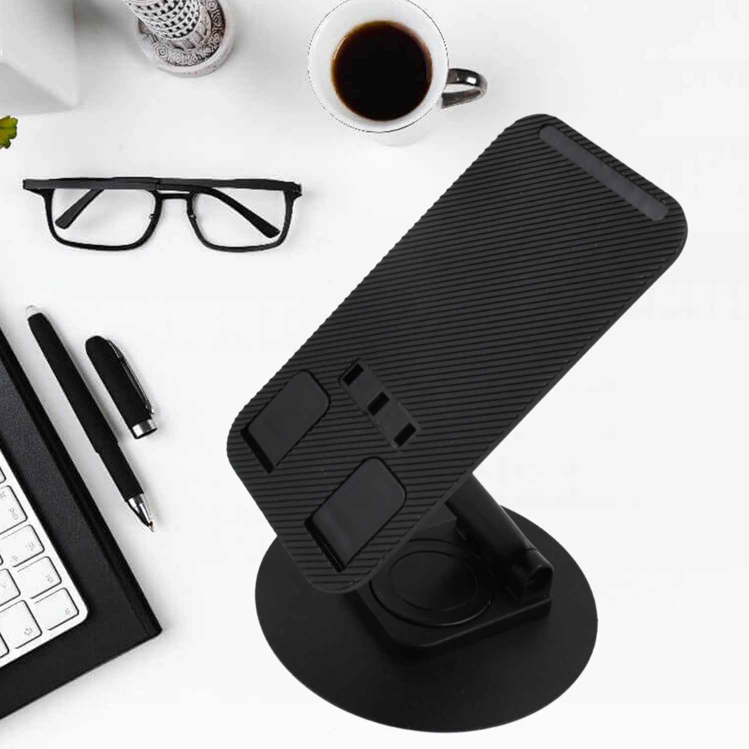 The foldable phone holder extended, demonstrating its height adjustment capabilities for comfortable viewing.