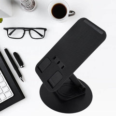 The foldable phone holder extended, demonstrating its height adjustment capabilities for comfortable viewing.
