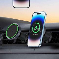Magnetic phone holder with wireless charging function installed on a car dashboard.