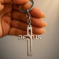 Metal Cross Keychain – Gujarati Jesus Script for Spiritual Style