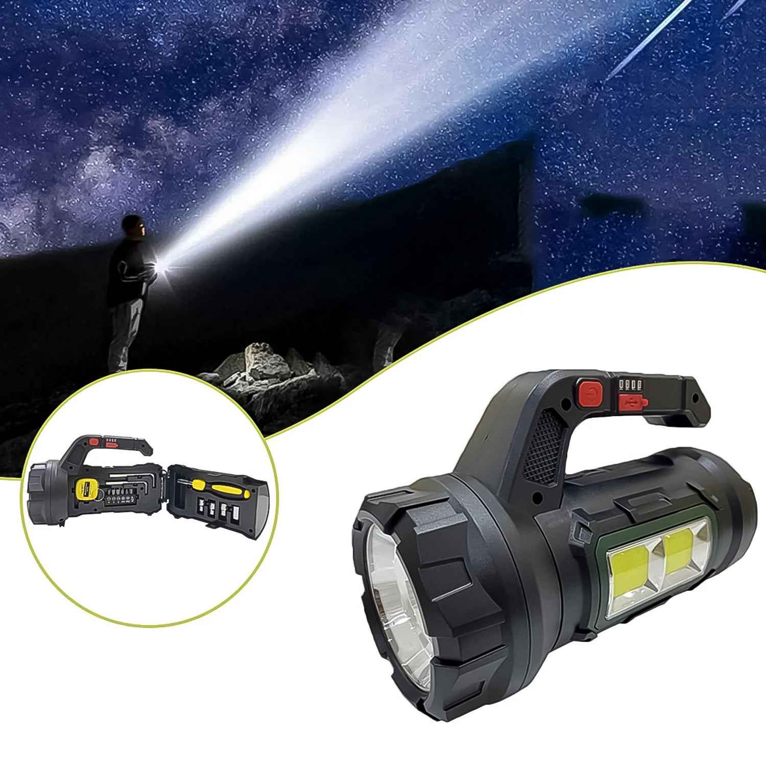 Illustration of the SOS Light's long-range torchlight illuminating a dark environment.