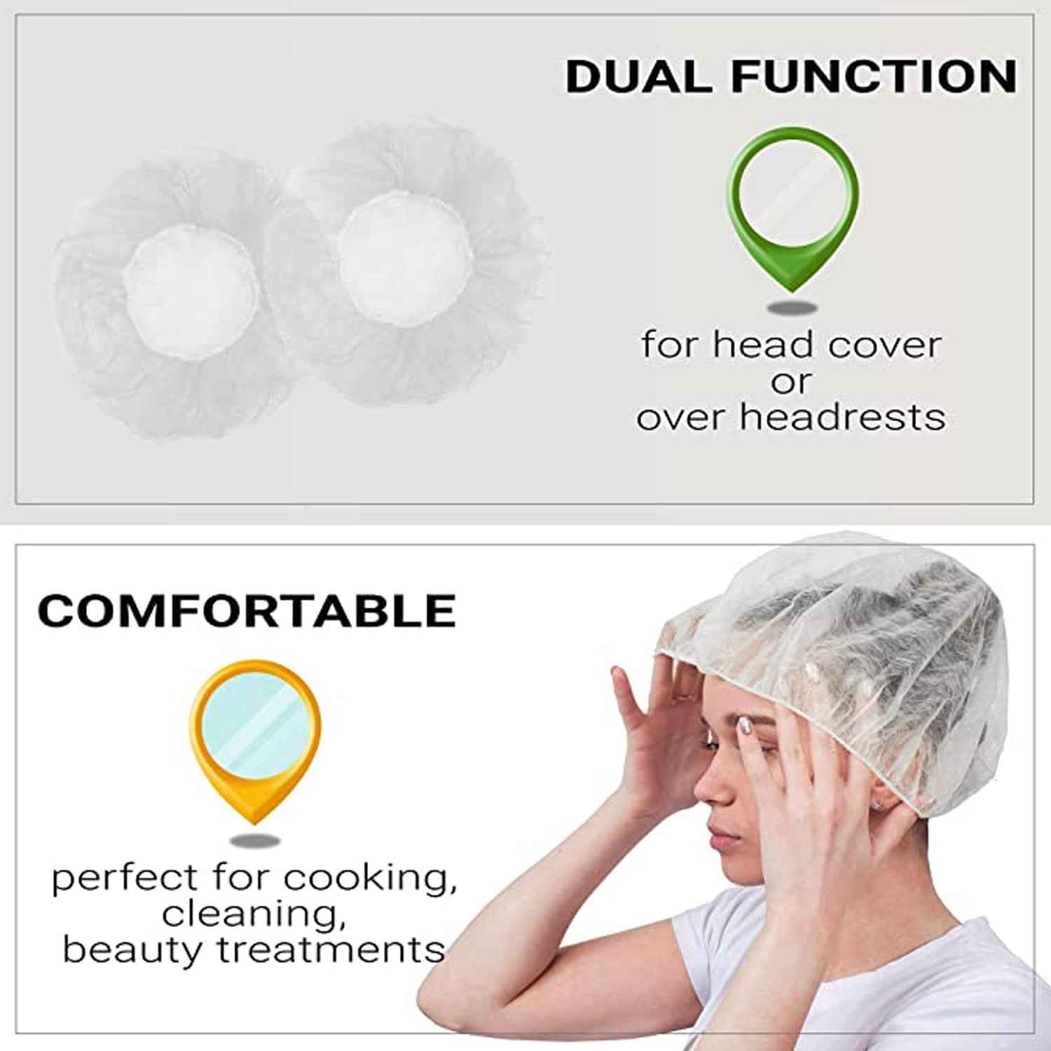 Elastic disposable shower caps for convenient spa and hotel use.