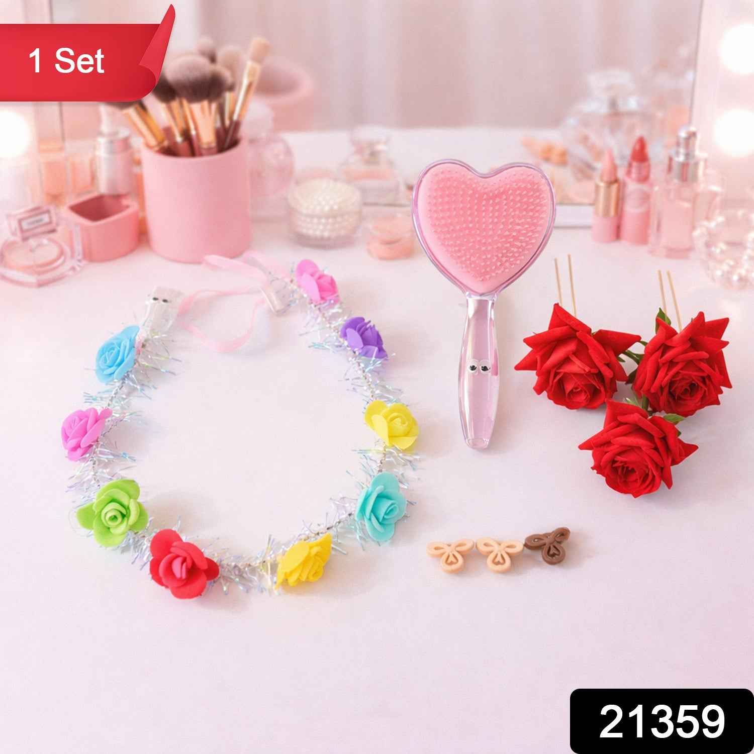 Beauty & Hair Styling Combo Set – Floral Accessories & Detangling Brush