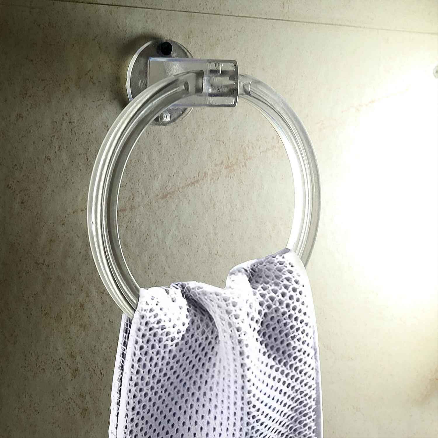 Frontal perspective of the clear ABS towel ring, showcasing its sturdy circular design.
