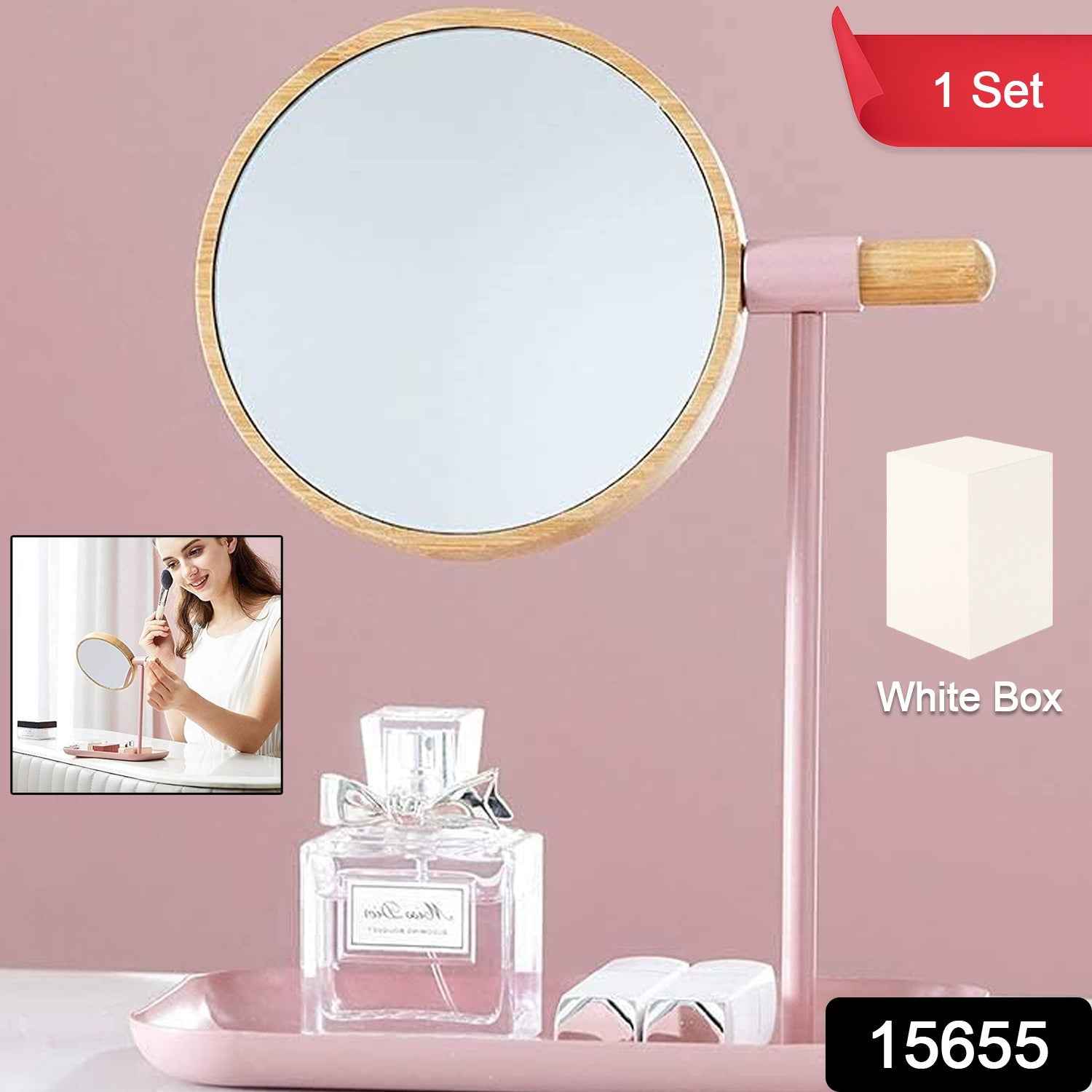 Tabletop Makeup Mirror – Modern Round Frame with Wooden Finish