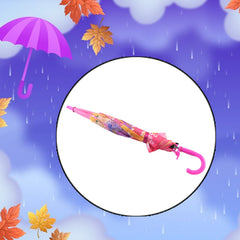 A pink umbrella with princess designs is shown closed within a white circle, set against a blue background with rain and
