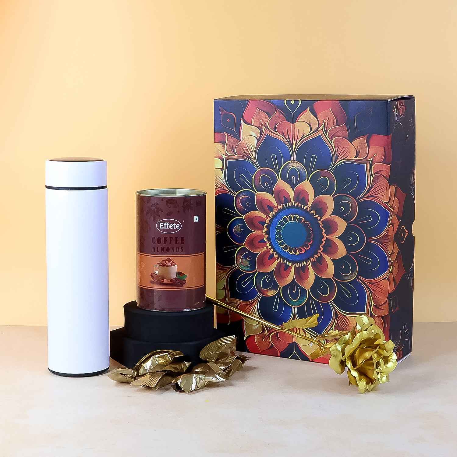 Coffee Almonds Gift Hamper – Golden Rose & Stainless Steel Bottle