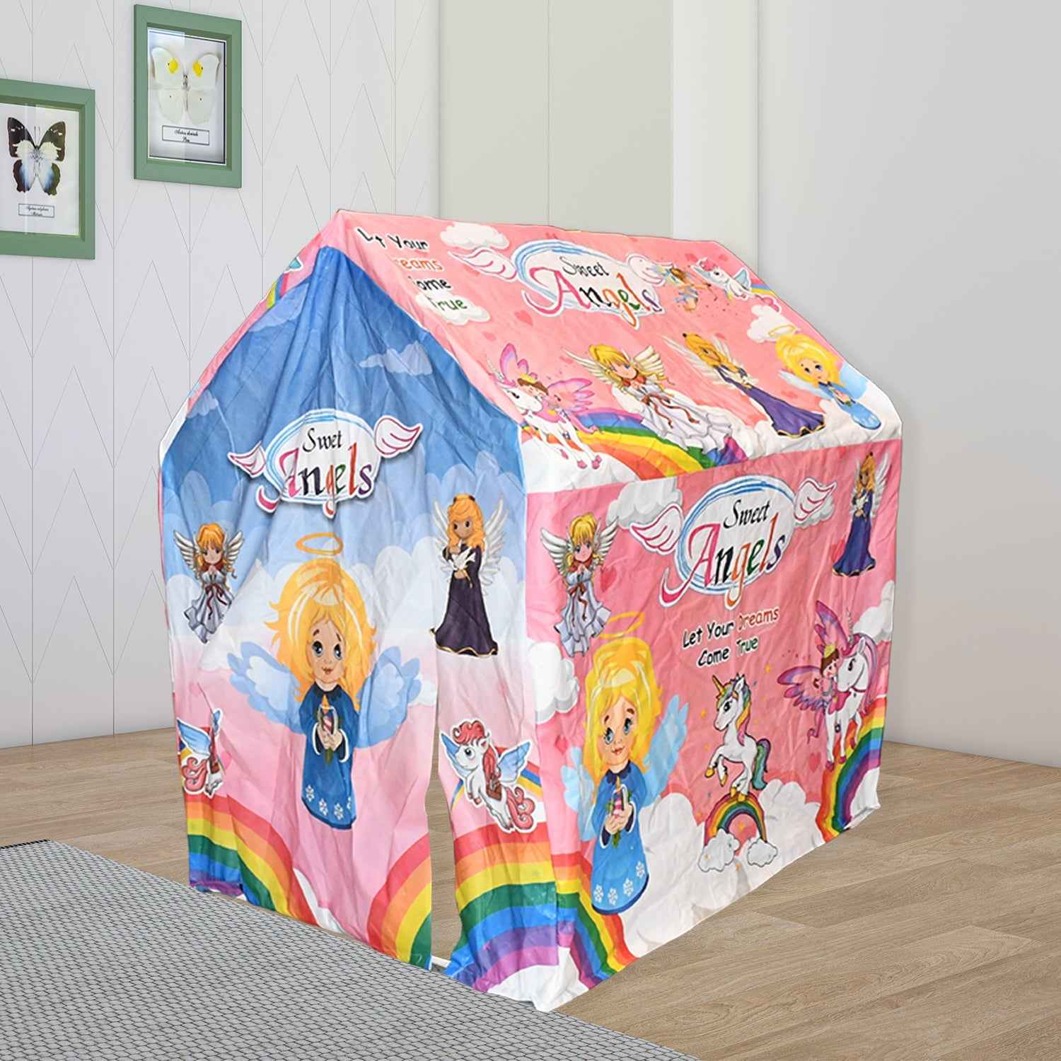 Interior view of the kids play tent house showing the windows and door.