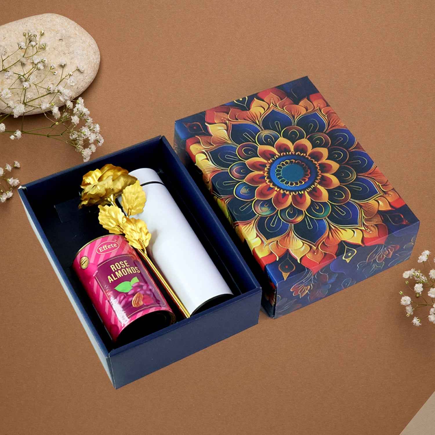 Rose Almonds Gift Hamper – Elegant Golden Rose & Stainless Steel Bottle