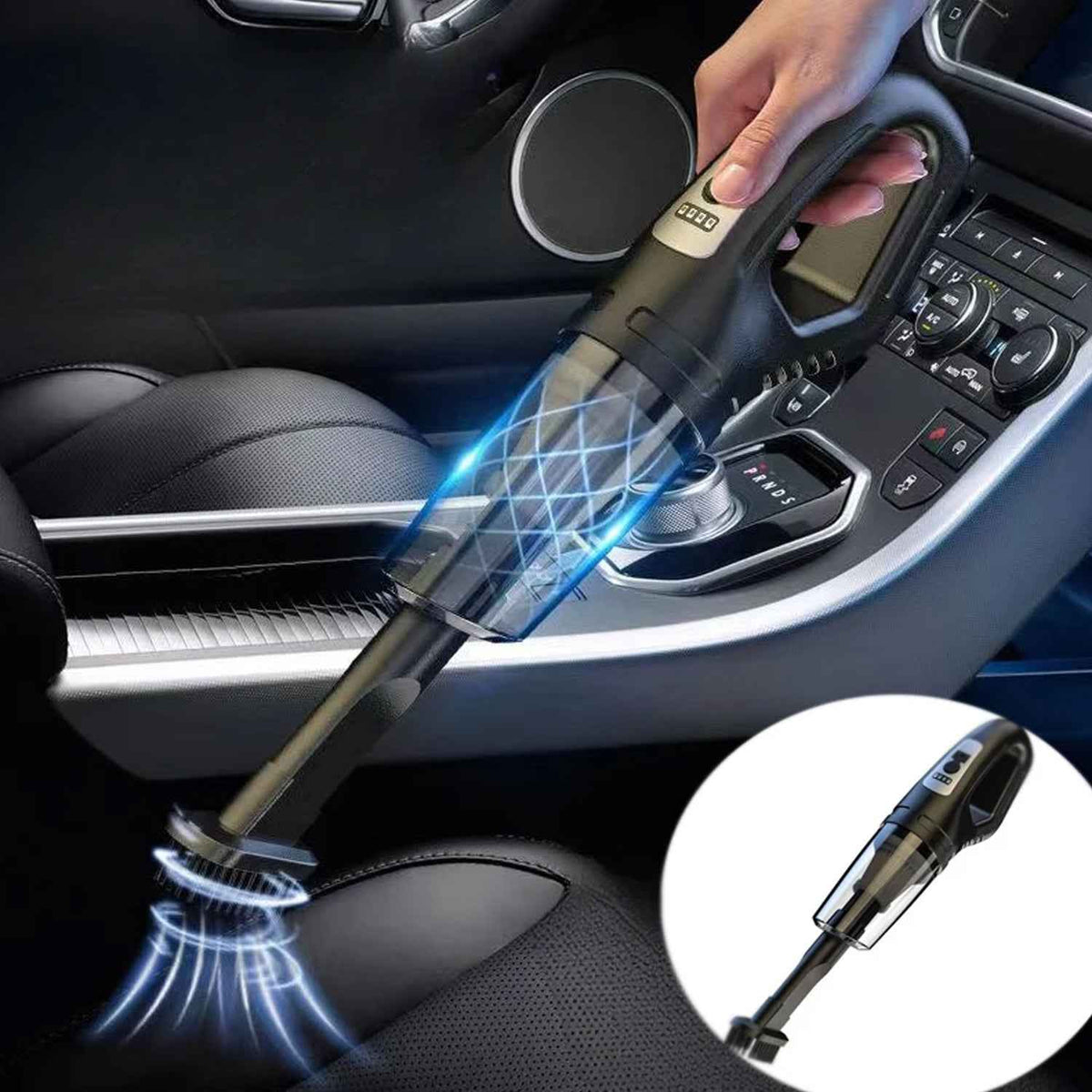 Wireless car vacuum cleaner with charging cable and nozzles on a clean surface.