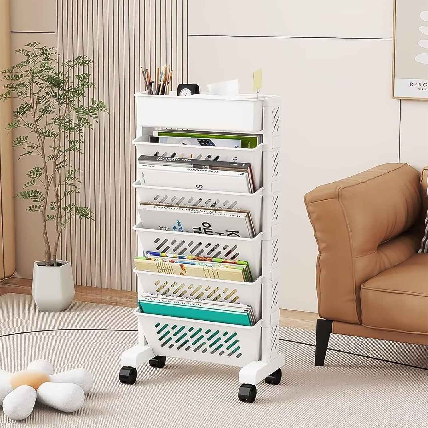 Movable Plastic Bookshelf – Large 5-Tier Rotatable Organizer