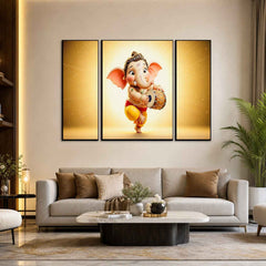 Ganesha Religious Wall Art Ð Vibrant 3 Panel MDF Frame