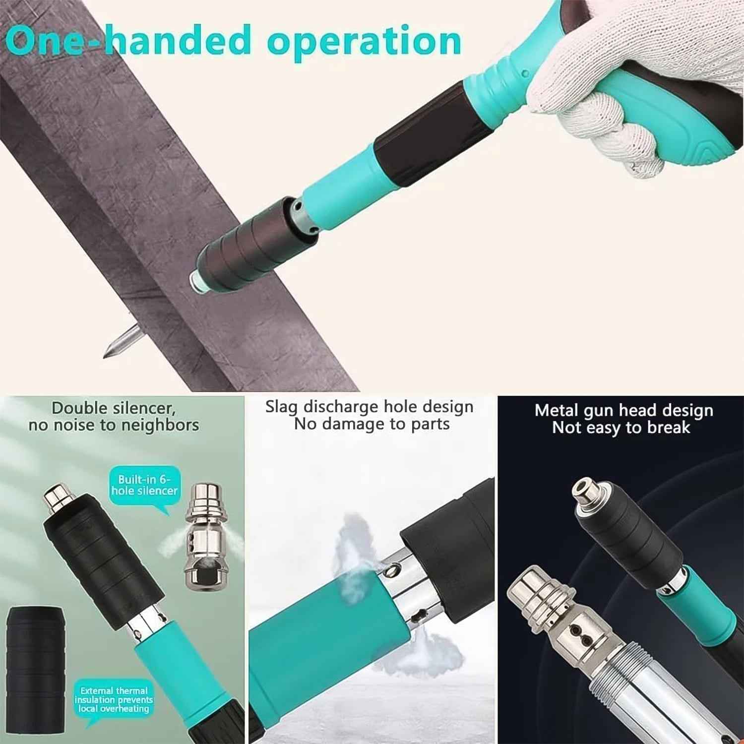 Manual steel nail gun in action, securely fastening items to a wall surface.