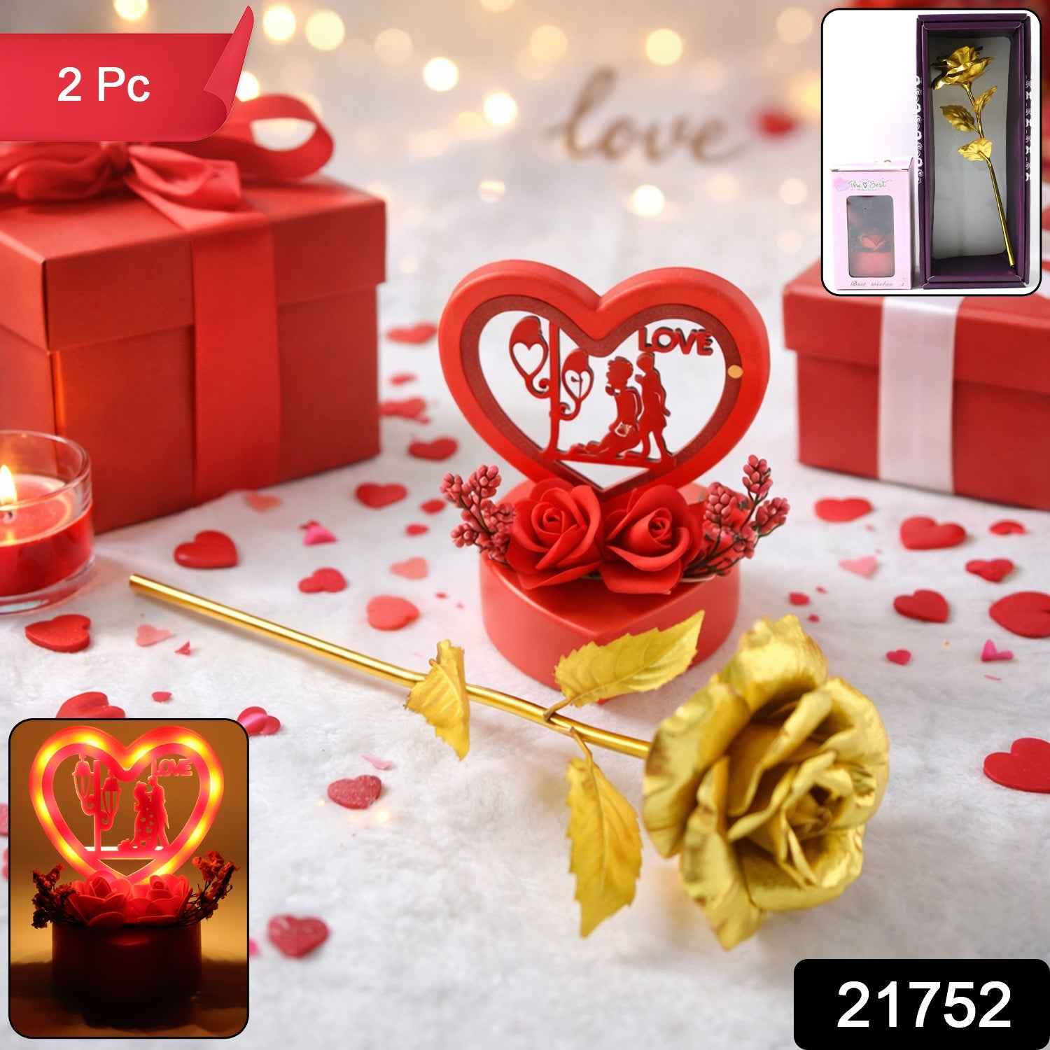 Heart Love Decorative Showpiece – Elegant Golden Rose Gift Set