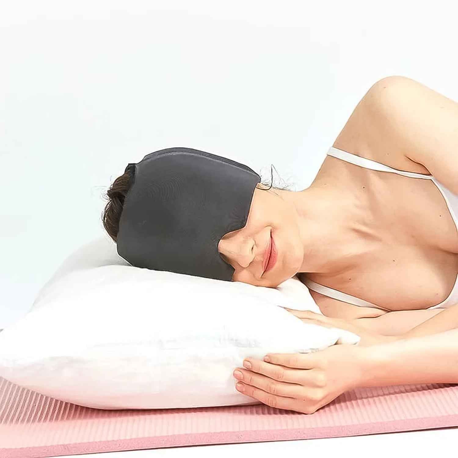 Close-up of the grey cooling gel material of the Migraine Relief Cap, illustrating its thick and soft texture.