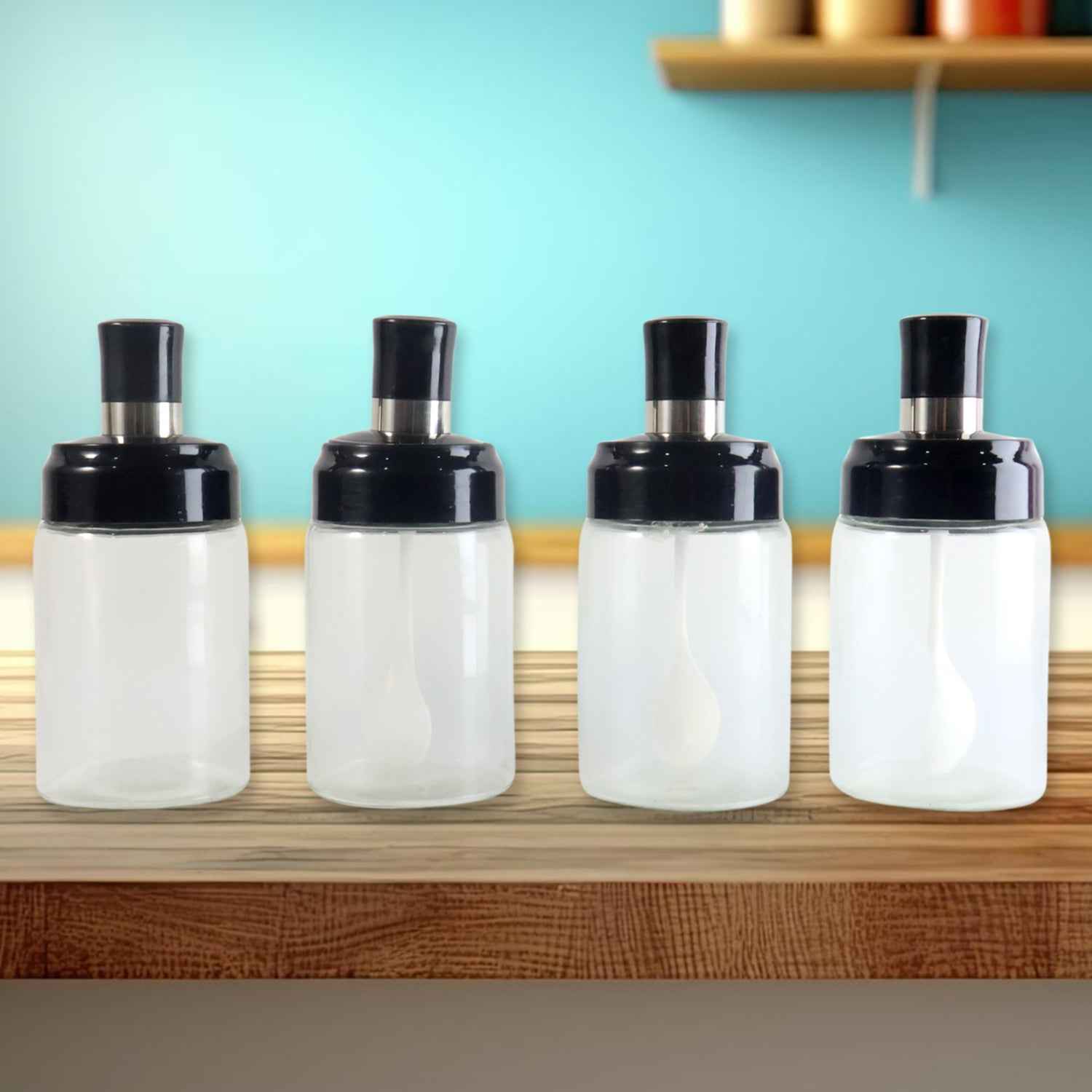 Transparent Spice Jar Set with Spoon – Airtight 4-Pc Container