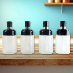 Transparent Spice Jar Set with Spoon – Airtight 4-Pc Container