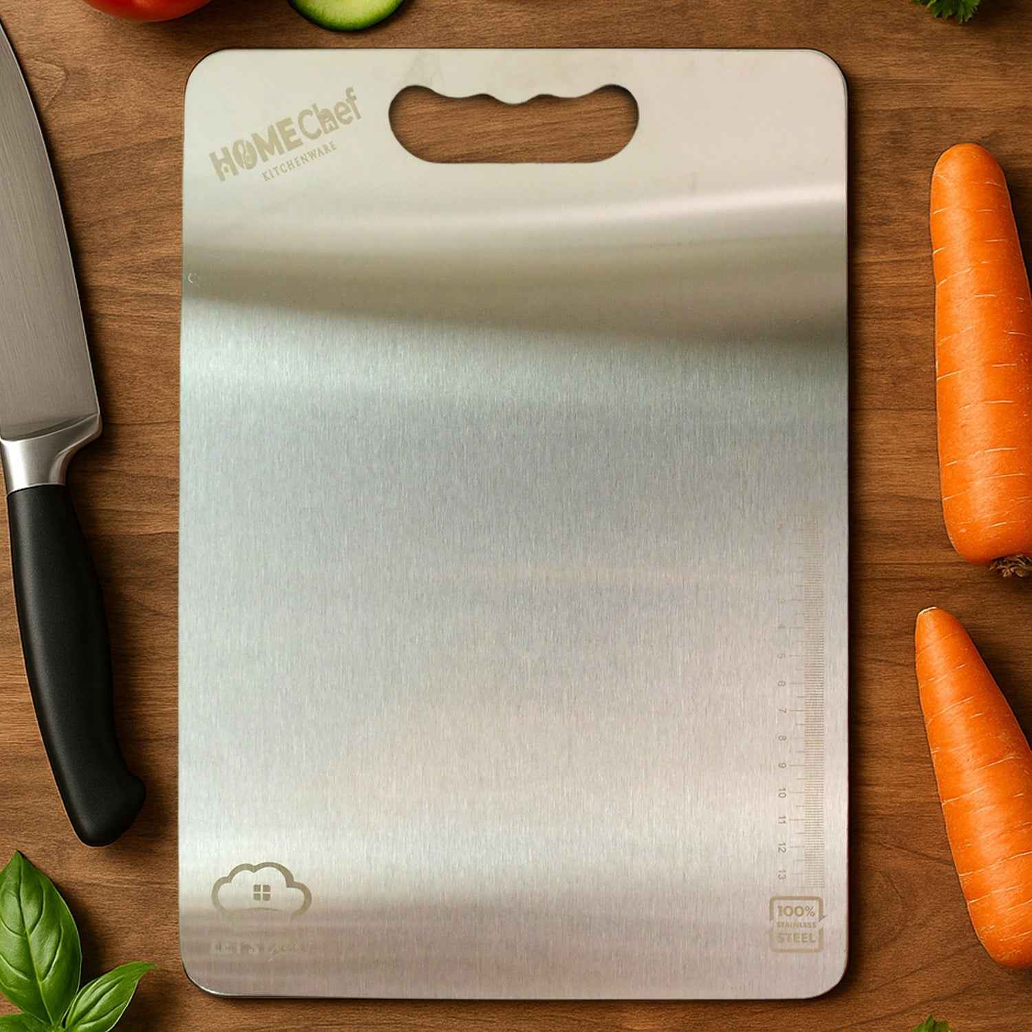 Gleam metallic finish stainless steel cutting board with convenient handle