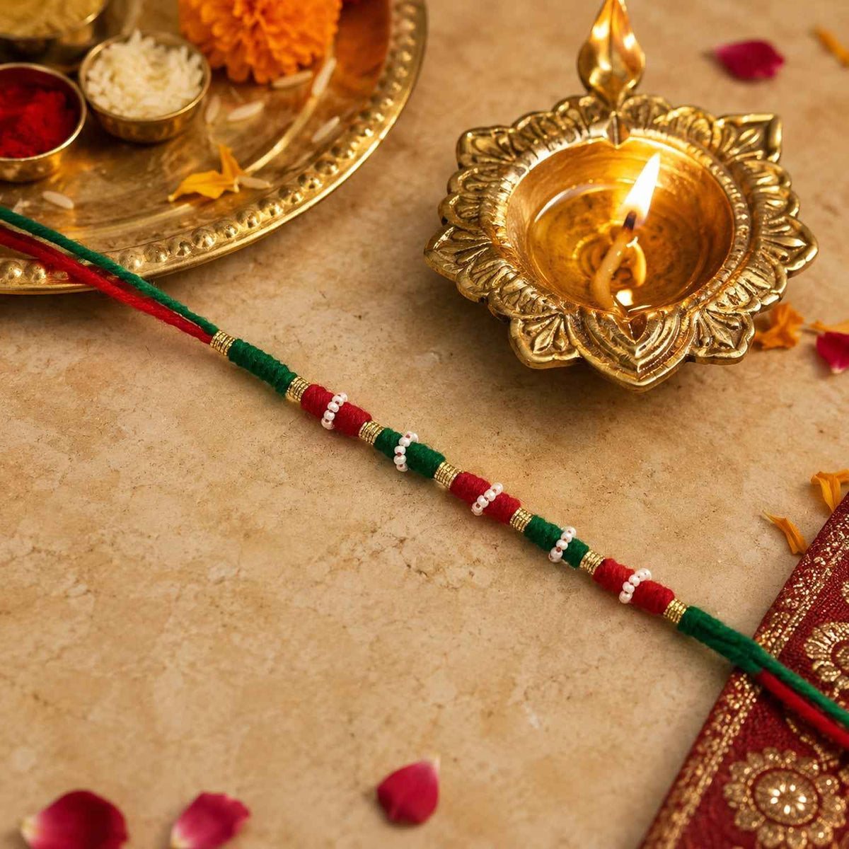 Designer Rakhi Ð Handmade with Golden Beads & Ethnic Threads