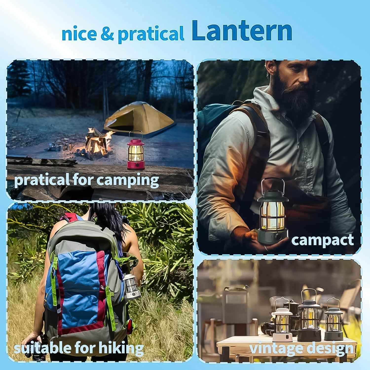 Bright retro style rechargeable LED camping lantern providing 360-degree uniform illumination.