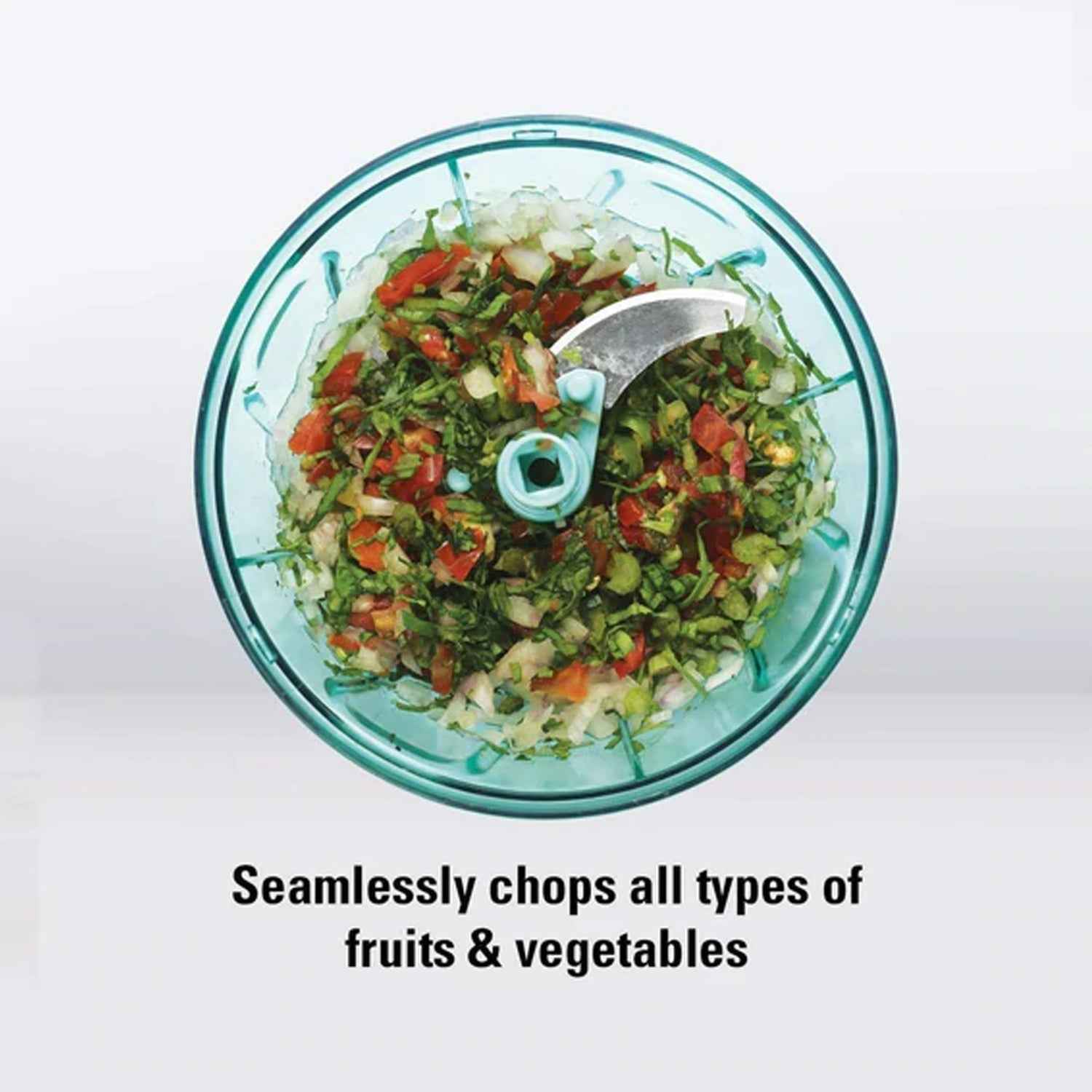 Disassembled Mini Vegetable Chopper showing lid, blade assembly, and transparent bowl.