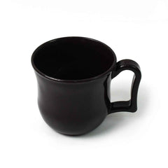 Close-up of the comfortable handle on a black plastic coffee mug.