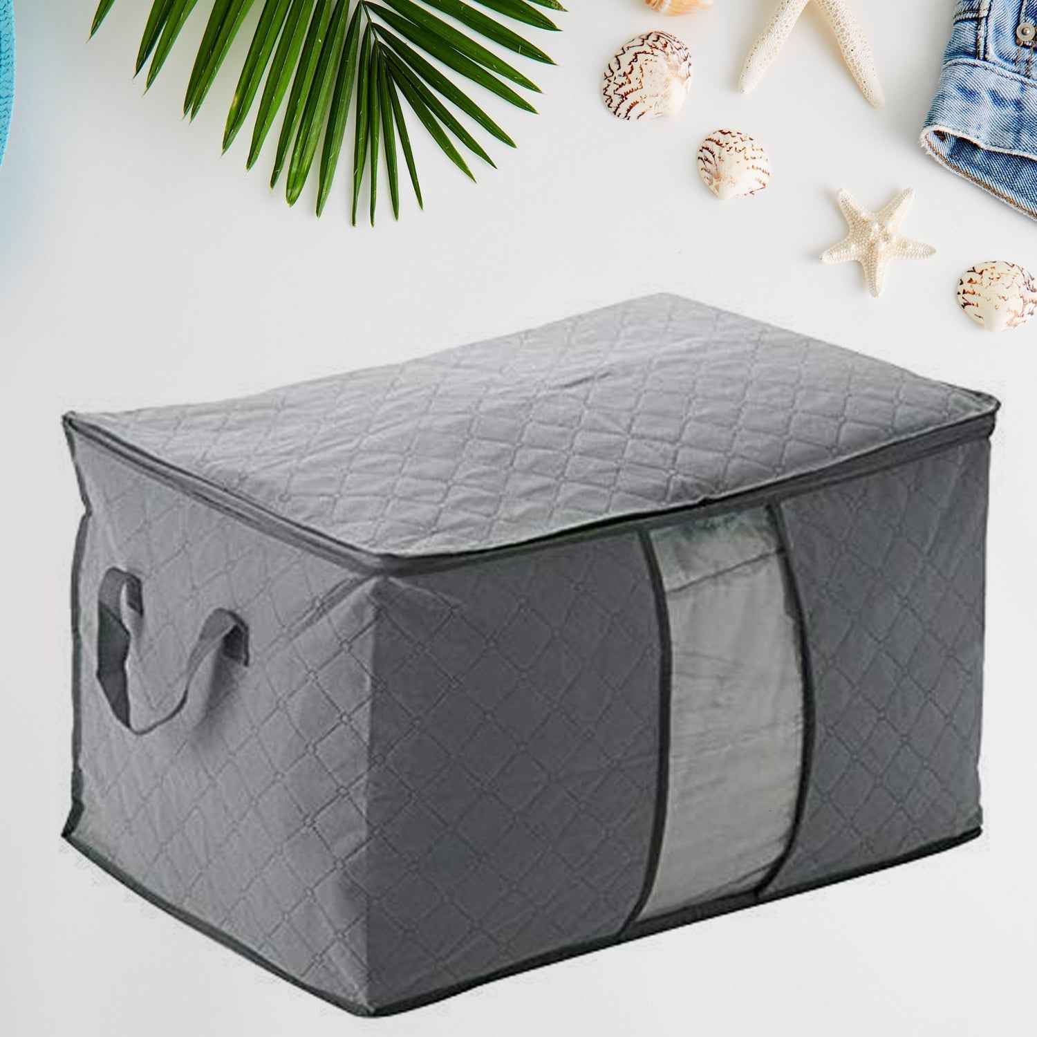 Organivo Quilted Storage Bag with clear window for organizing clothes and bedding.