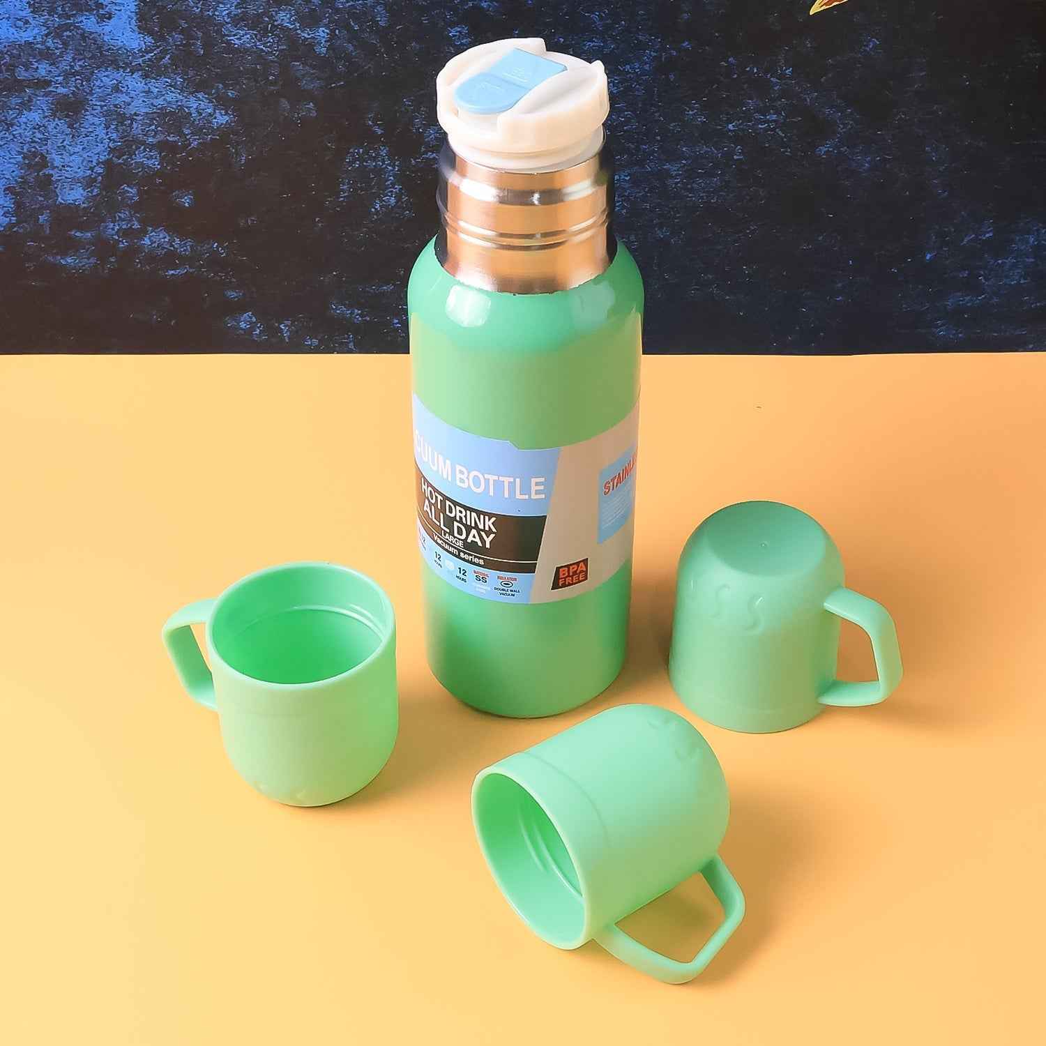 Vacuum Flask Set – Stainless Steel Thermos with 3 Cups, 500ml