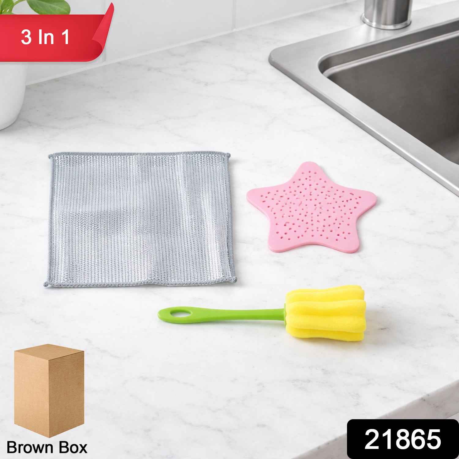 Kitchen Cleaning Set – 3-in-1 Combo with Scrub Pad & Bottle Brush