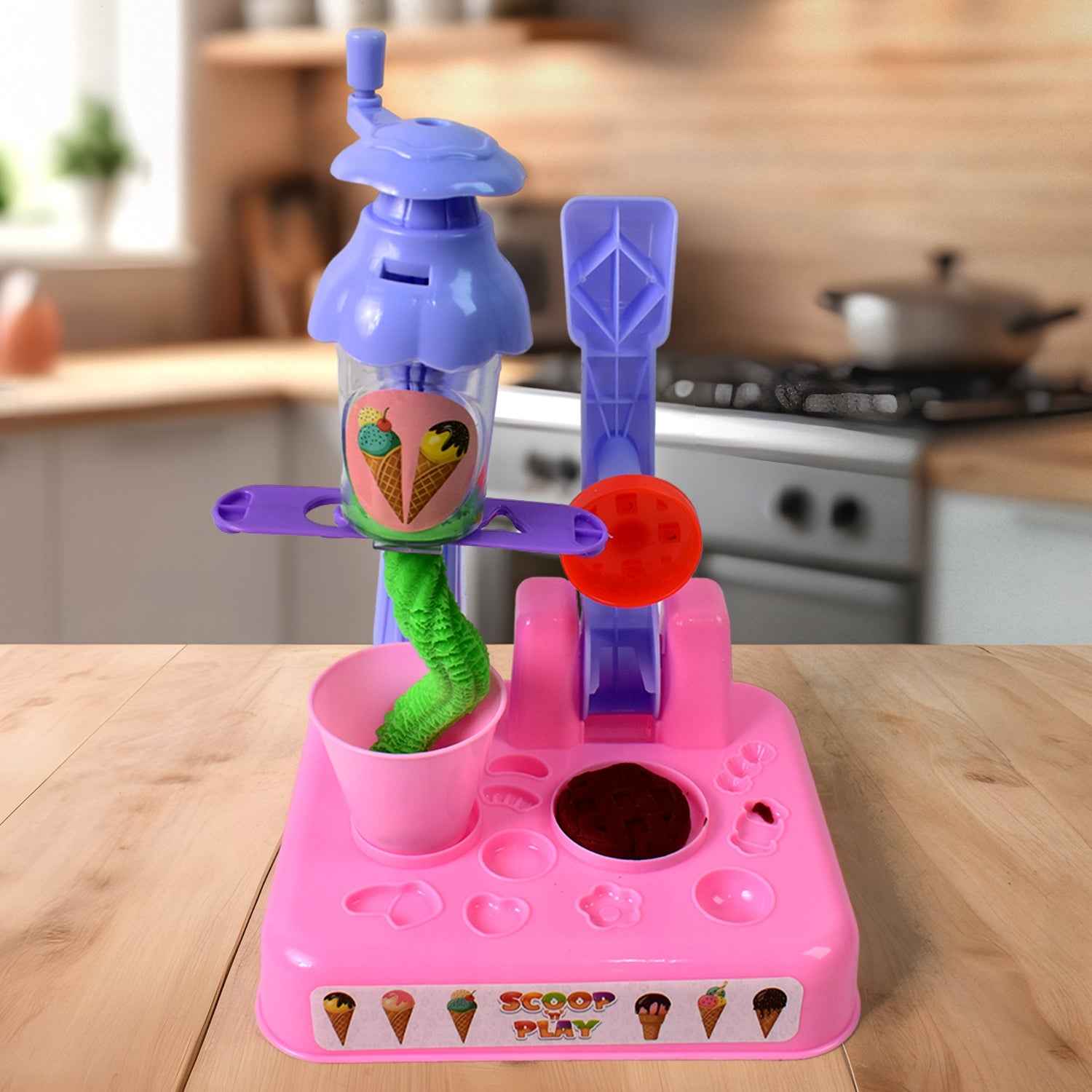 Close-up of children's hands using molds from the Play Dough Set to create shapes.