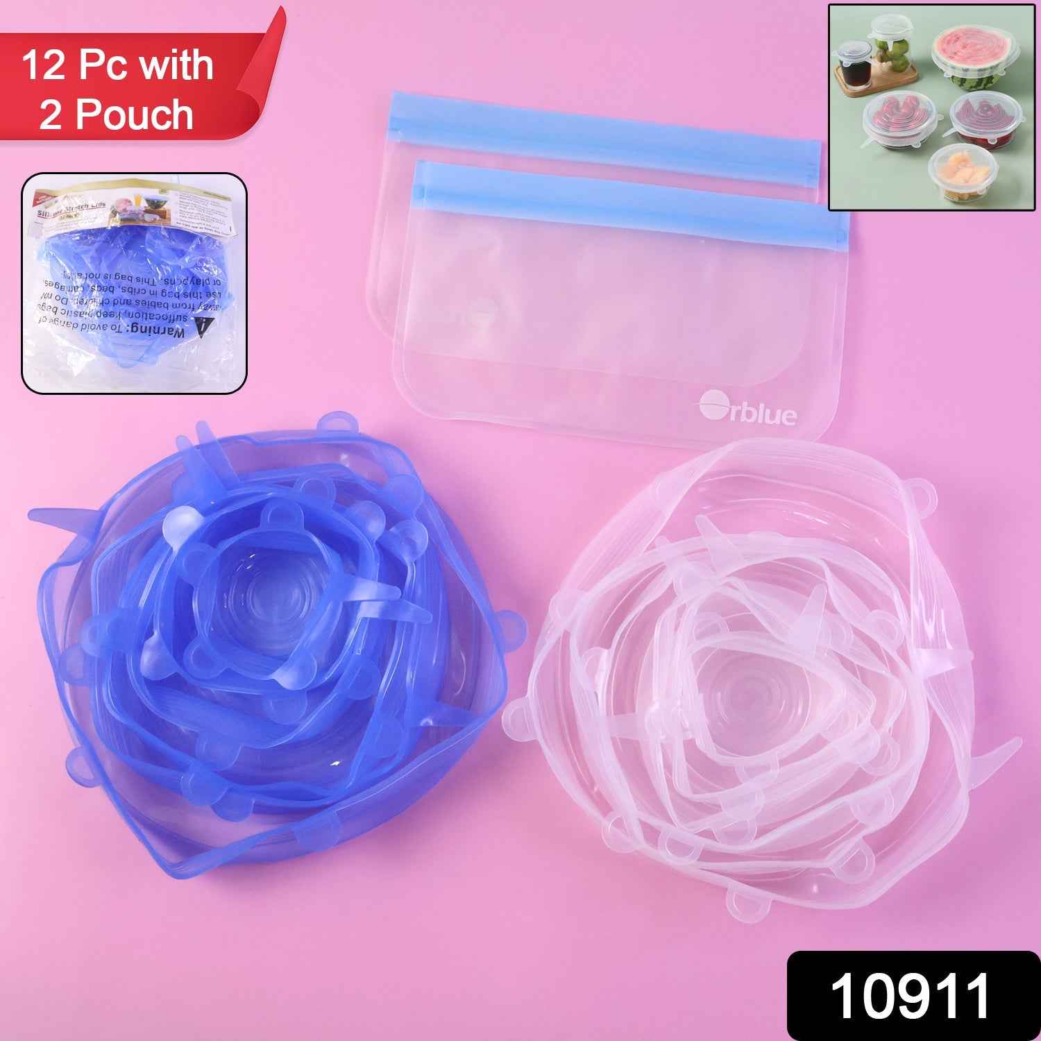 Silicone Stretch Lids – 12-Piece Reusable Food Covers with Storage Pouches