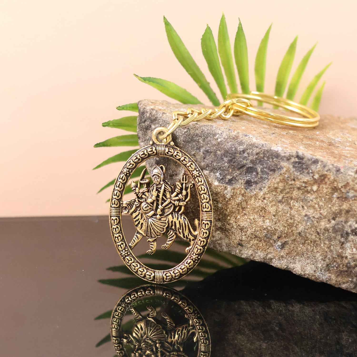 Durga Maa Keychain – Premium Golden Metal with Oval Frame