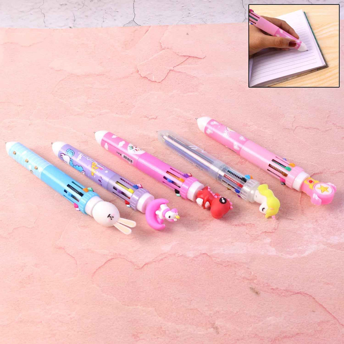 10-in-1 Multicolor Ball Pen – Smooth Writing with Cute Character Design
