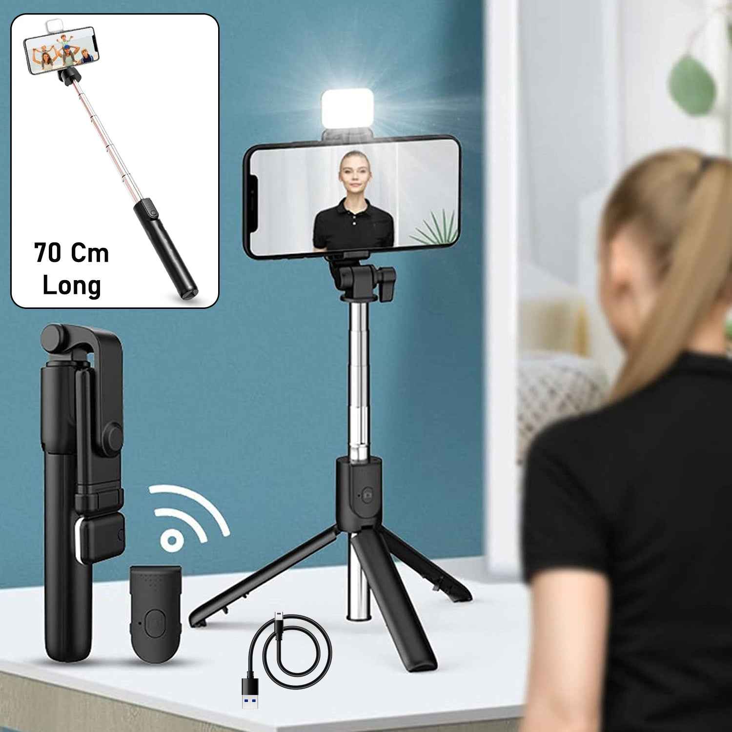 Wired Selfie Stick with Extendable Handle & Tripod Stand