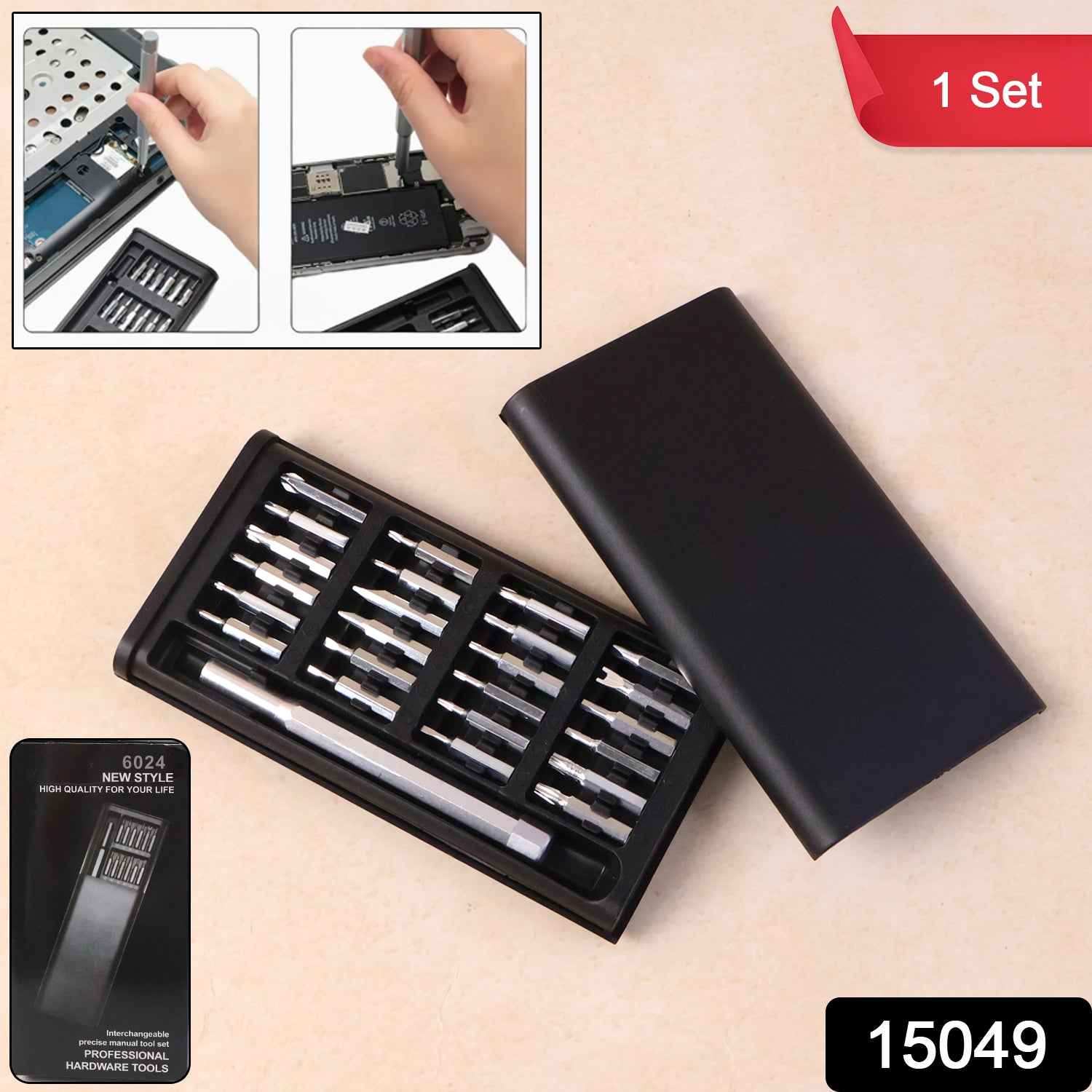 Assortment of interchangeable precision screwdriver bits laid out for various electronics repairs.
