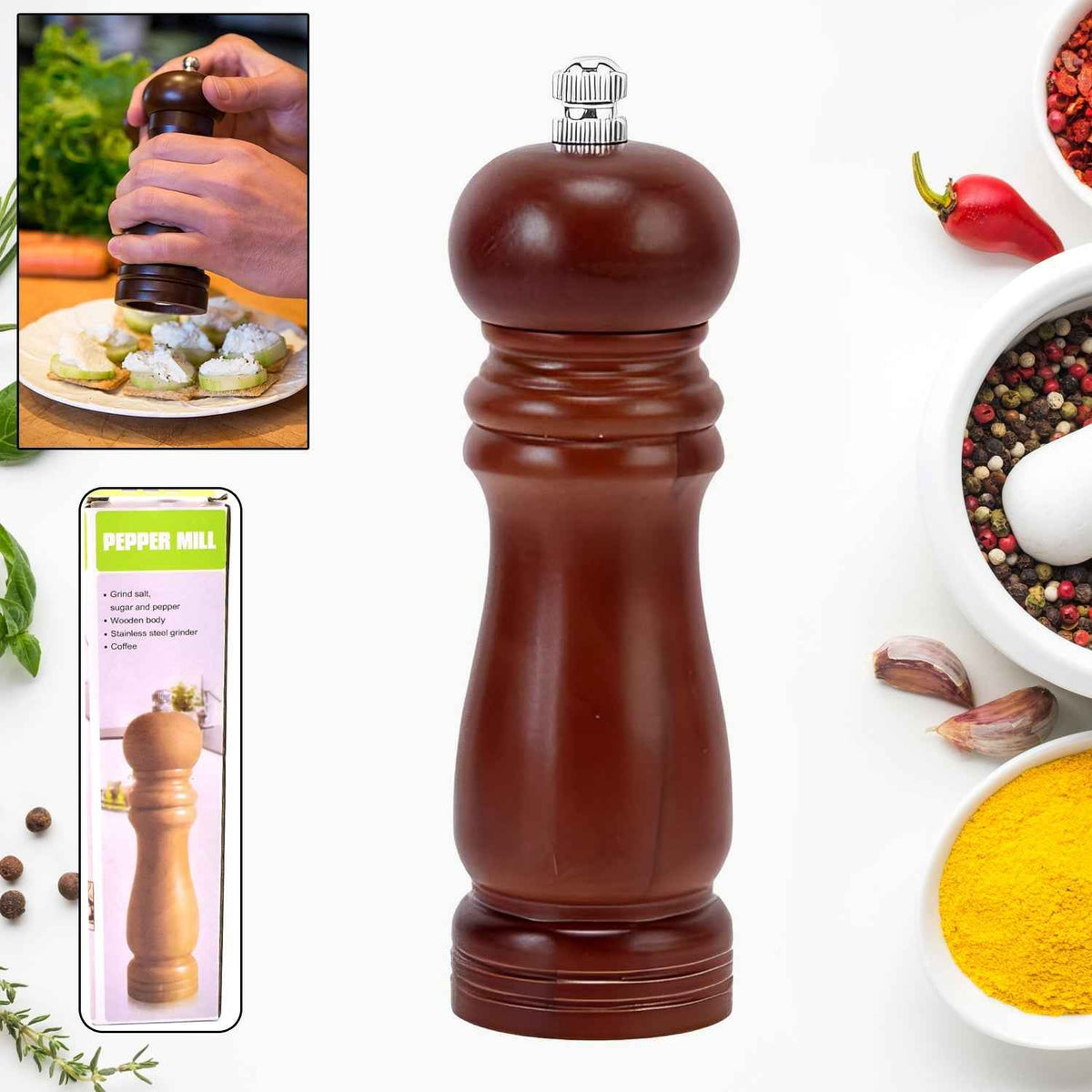 Wooden Pepper Mill – Adjustable Ceramic Grinder | Grippy