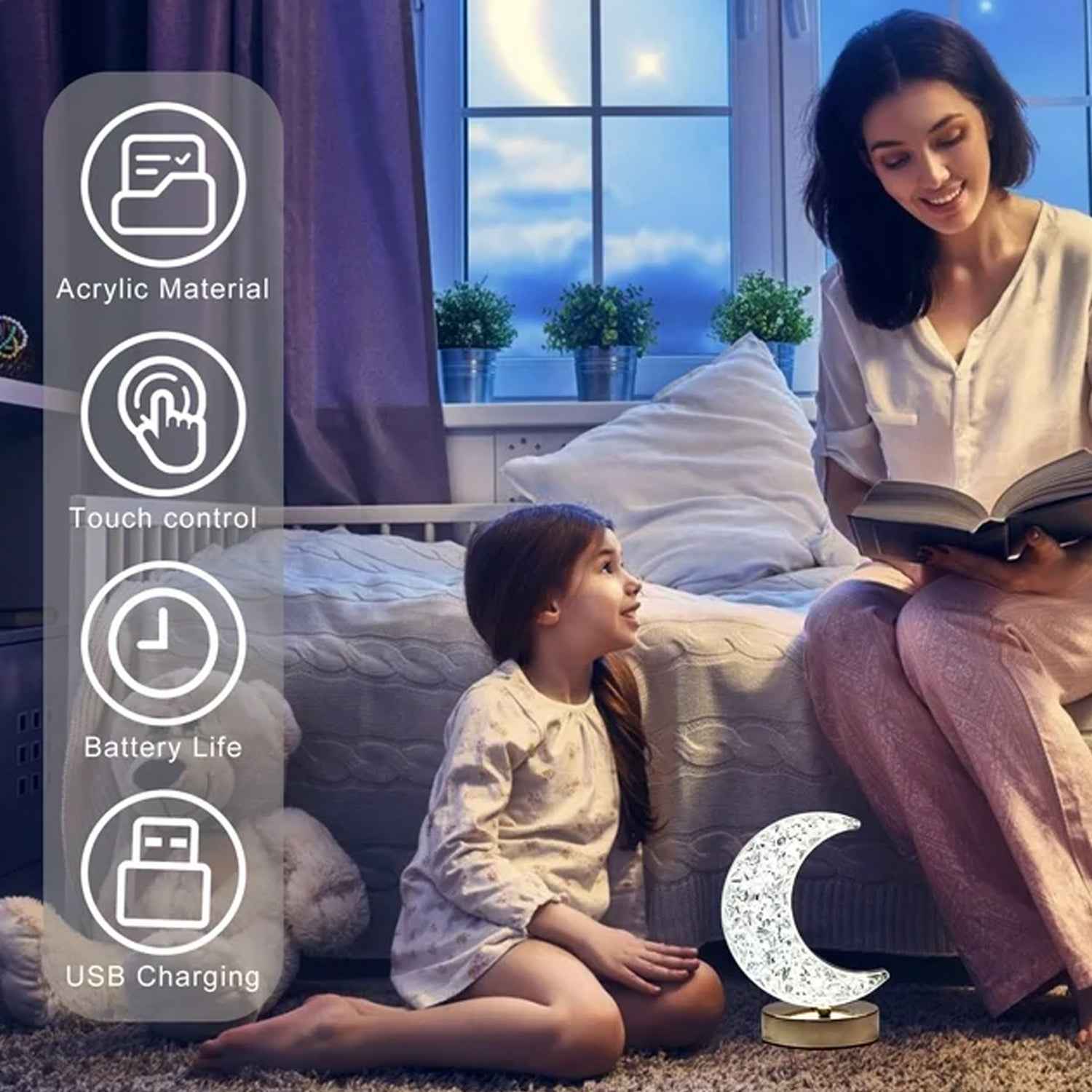 Moon Crystal Lamp – 3-Color Dimmable Touch Control | TinyTrendy