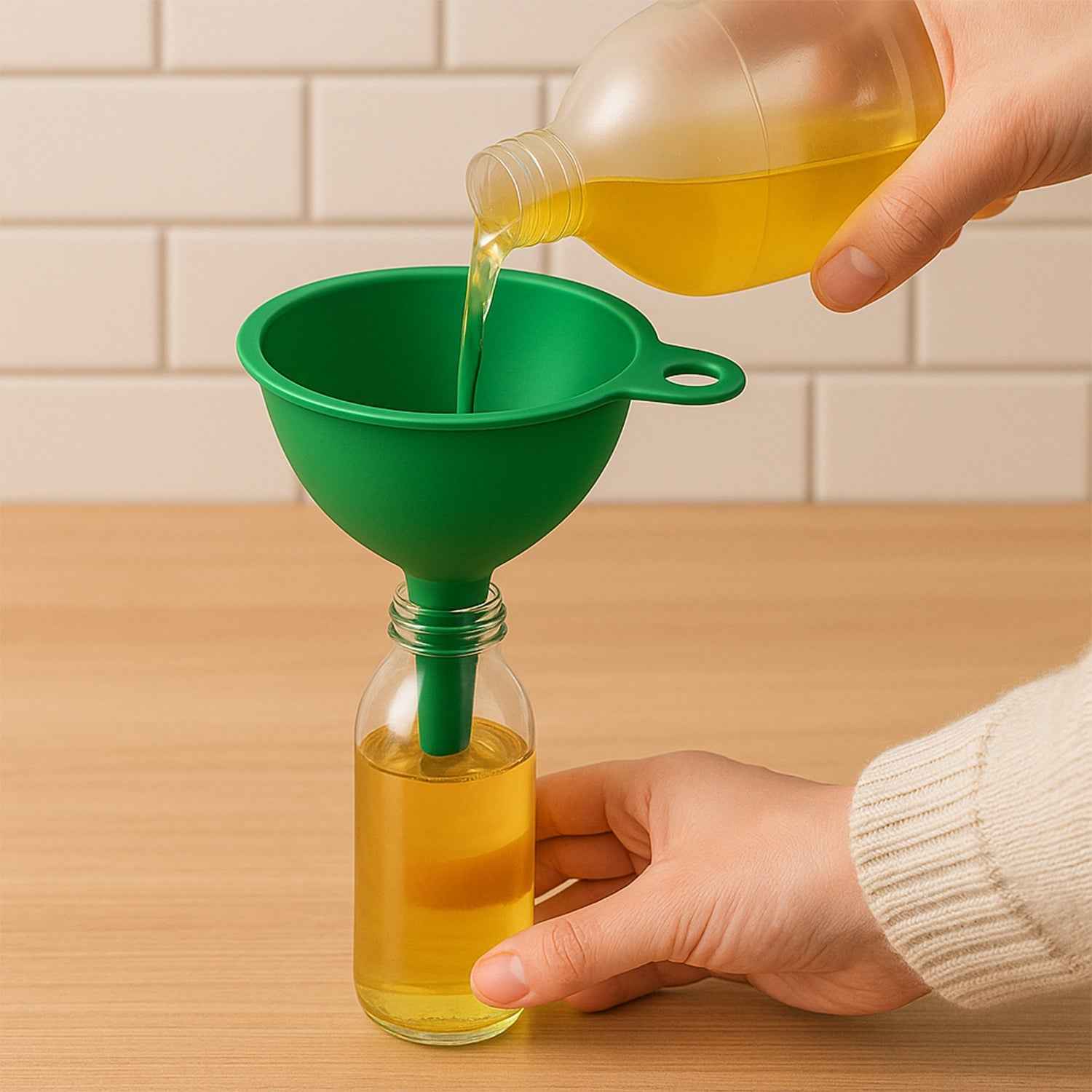 Flexible silicone funnel showcasing its pliable material, ideal for easy liquid and grain transfer.