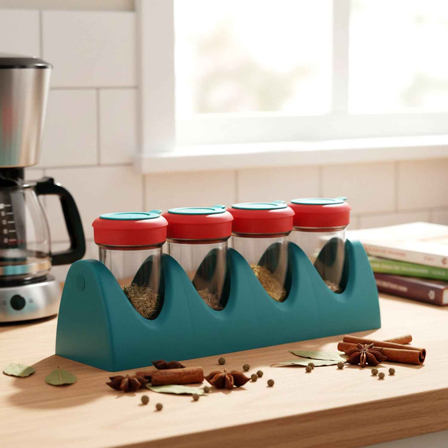 4-in-1 Spice Shaker Set – Compact Kitchen Organizer with Stand