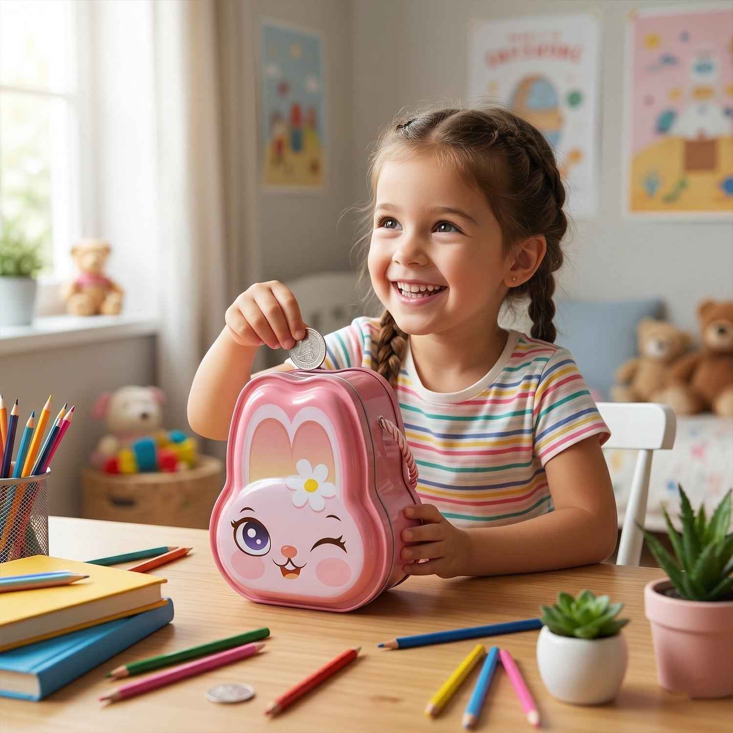 Kids Safe Lockable Bunny Piggy Bank Ð Fun & Durable Savings Toy