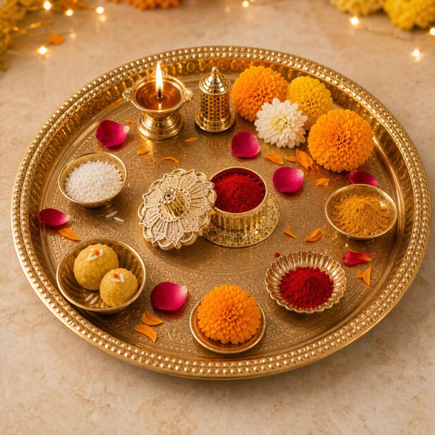 Golden Pooja Kankavati – Elegant Religious Storage Container