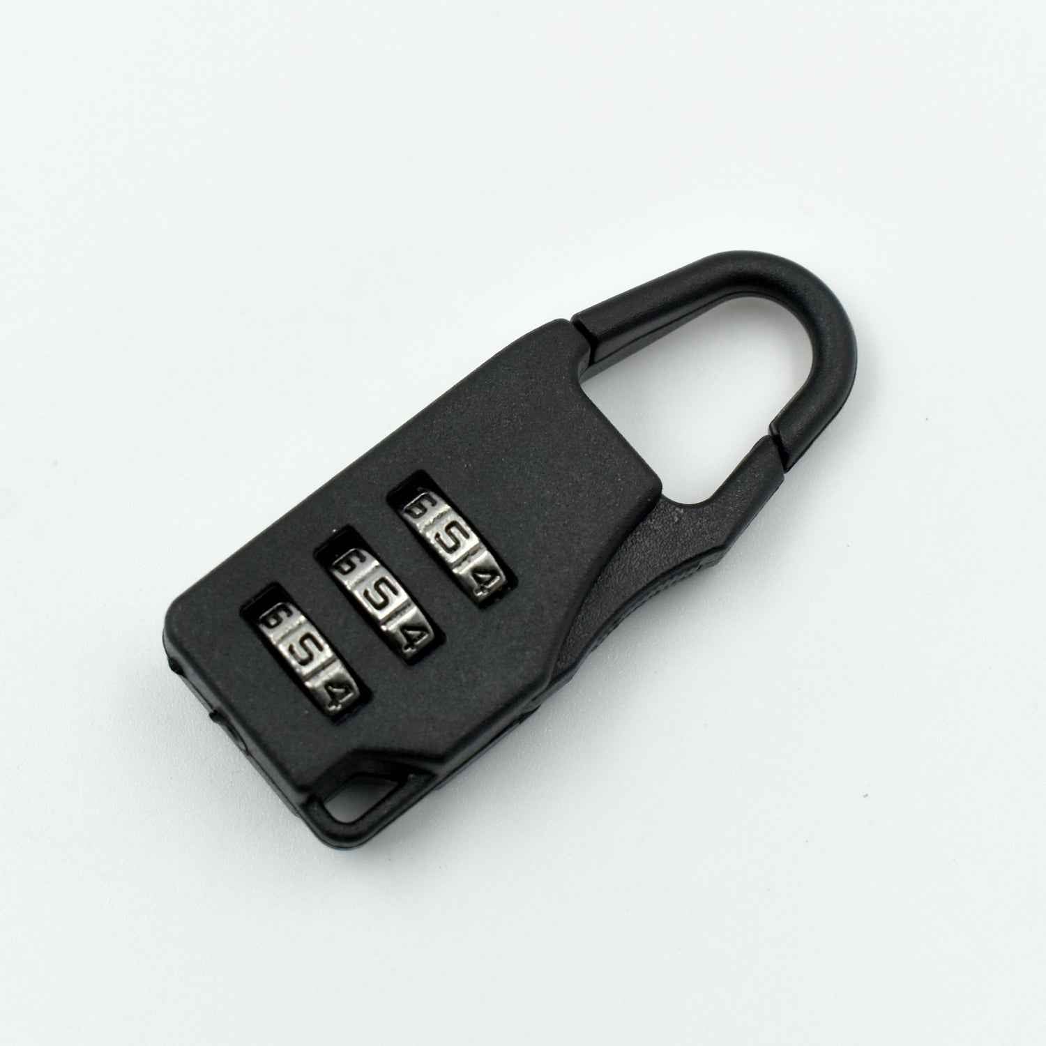 A sleek black 3-digit luggage lock securely attached to a suitcase zipper.