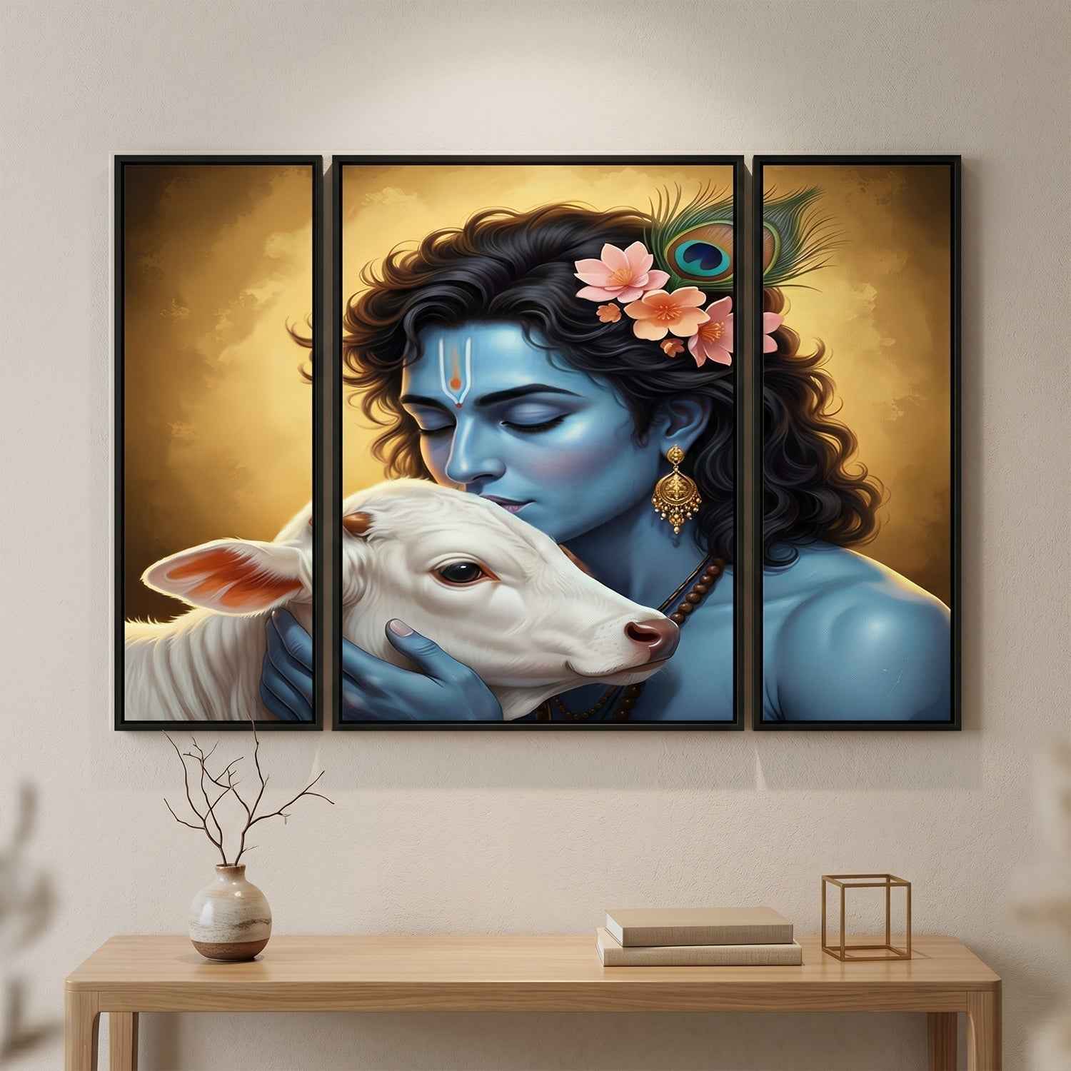 Krishna N Cow Wall Art Ð Vibrant 3 Panel MDF Design for Home