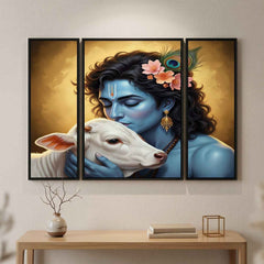 Krishna N Cow Wall Art Ð Vibrant 3 Panel MDF Design for Home