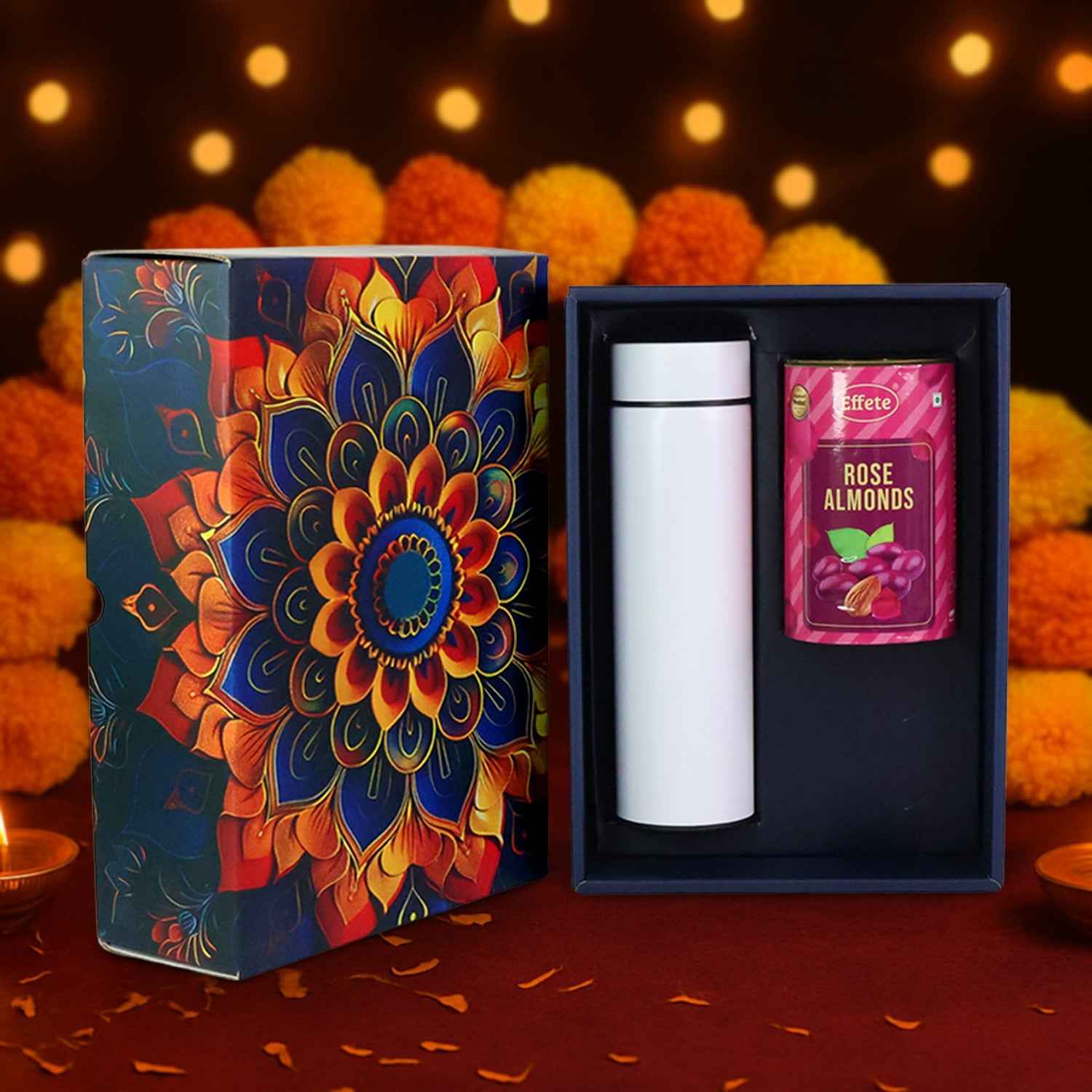 Rose Almonds Gift Hamper – Premium 2 Pc Set with Stainless Steel Bottle
