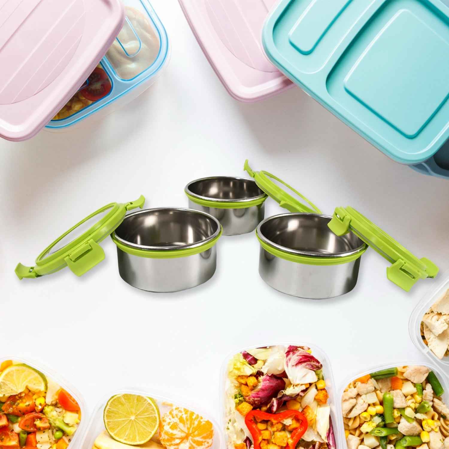 Hands closing the secure 4-side clip locks on a Ganesh Stainless Steel Tiffin Lunch Box.