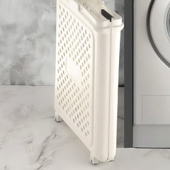 Laundry basket with wheels showcasing size scale and foldable feature
