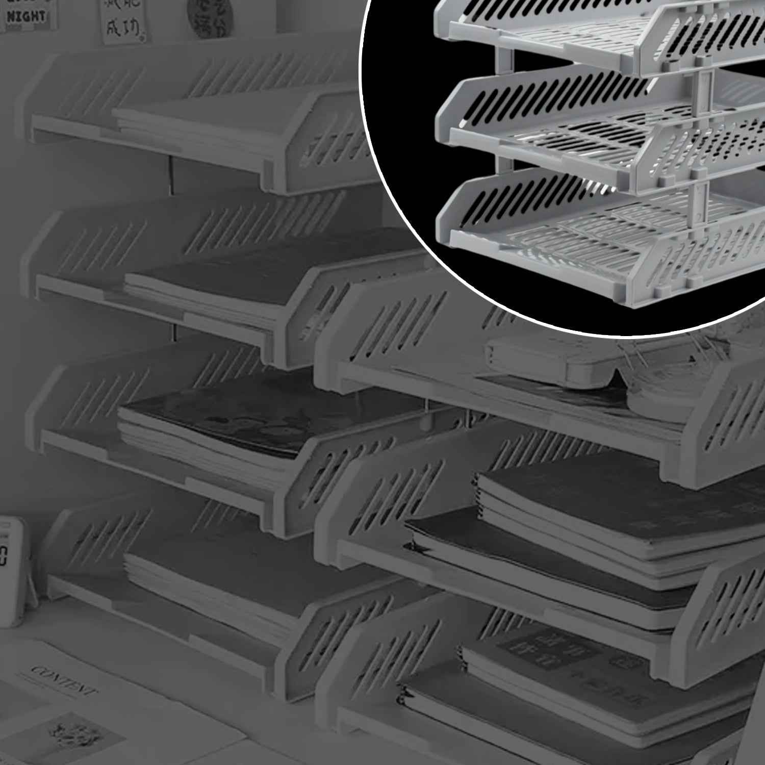 Side view of multi-layer file rack drawers stacked neatly on a shelf.