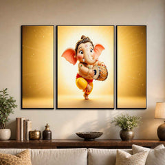 Ganesha Religious Wall Art Ð Vibrant 3 Panel MDF Frame