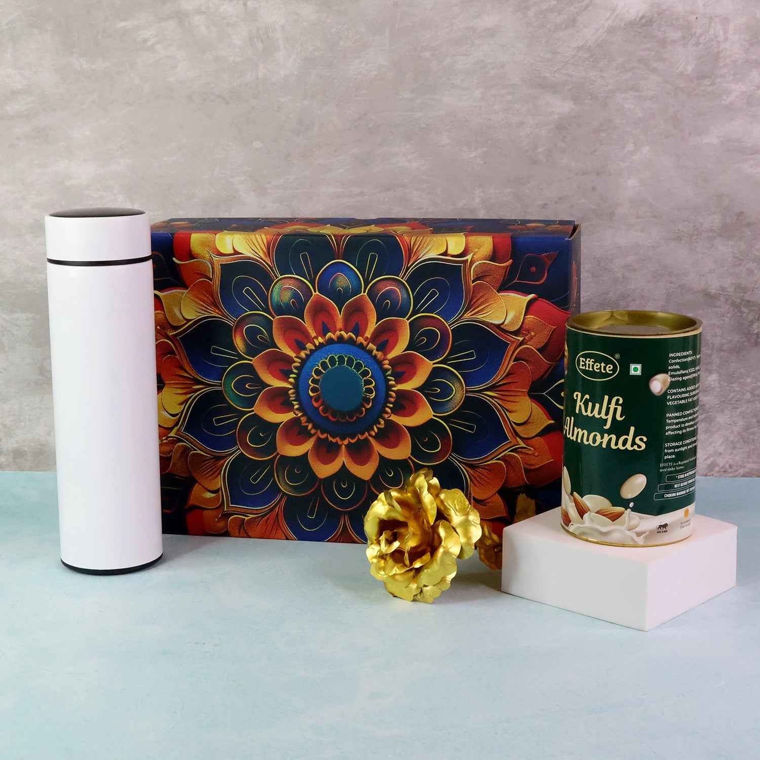 Kulfi Almonds Gift Hamper – Elegant Golden Rose & Stainless Steel Bottle